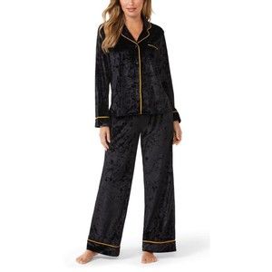 Sofia Vergara Women's L Crushed Velvety Black & Yellow Trim Pajamas Sleep Set